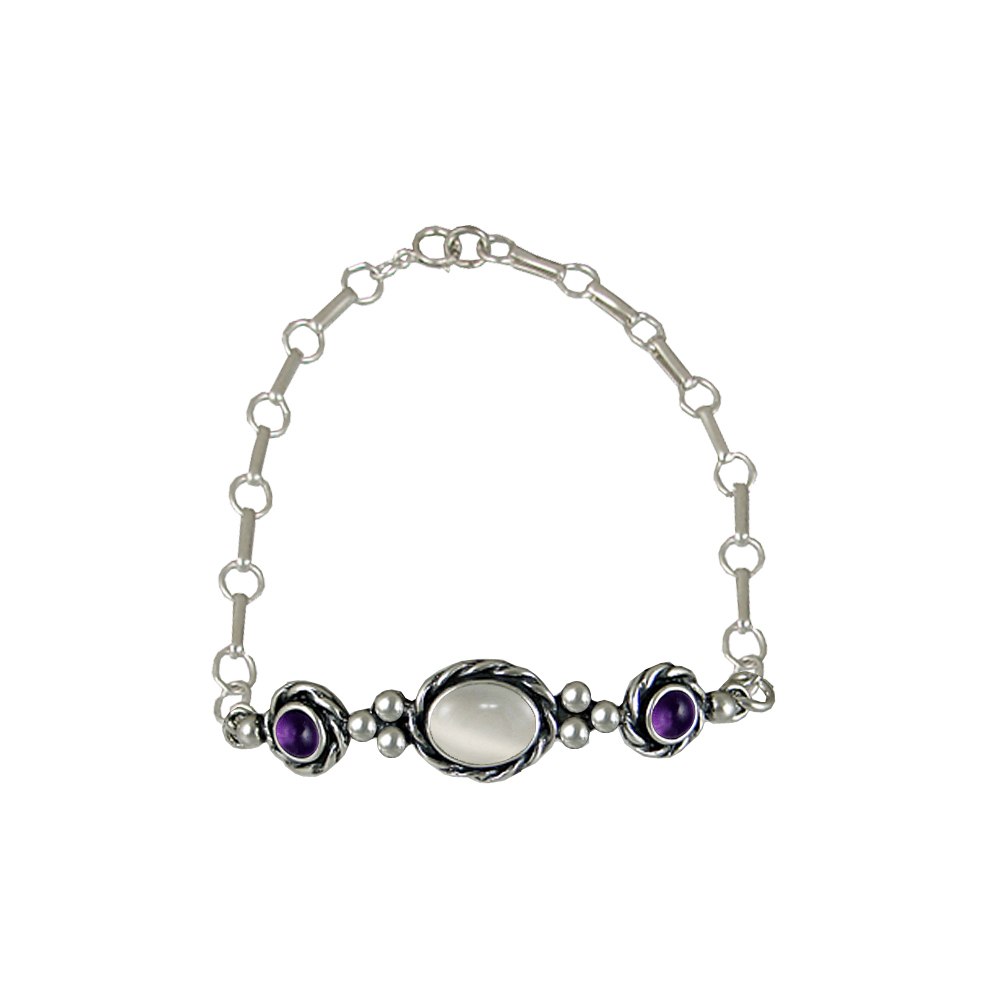 Sterling Silver Gemstone Adjustable Chain Bracelet With White Moonstone And Amethyst